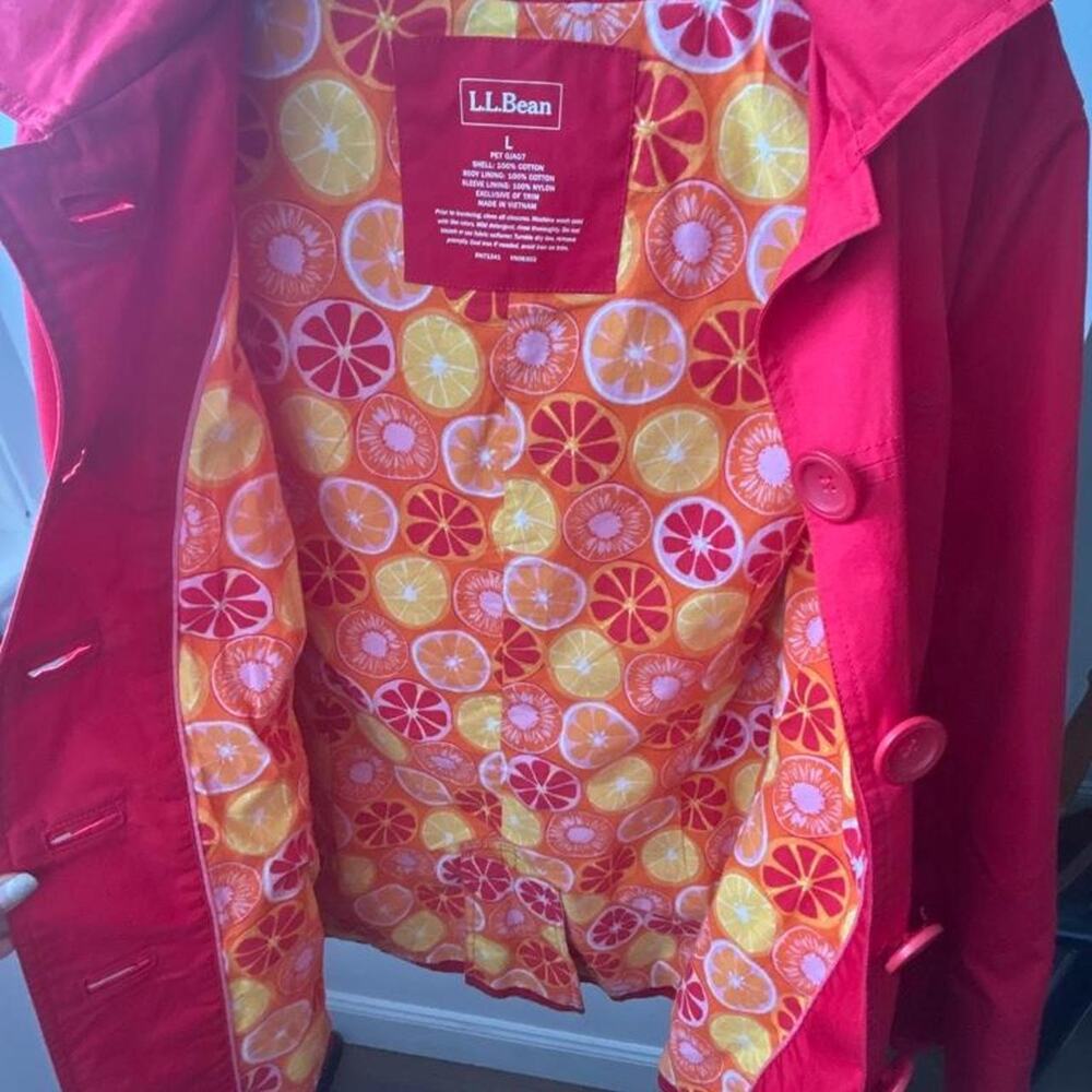 Red L.L. Bean Rain Jacket with Citrus-Themed Lining